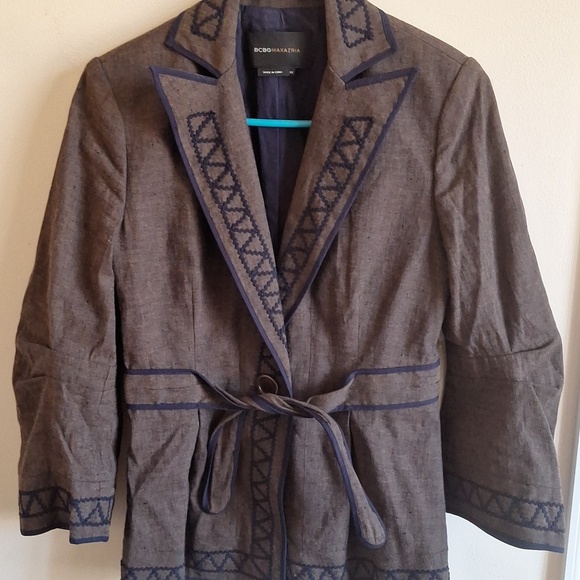 BCBGMAXAZRIA Embroidered Linen Cotton Belted Blazer Jacket Size XS Boho Chic - Picture 3 of 12